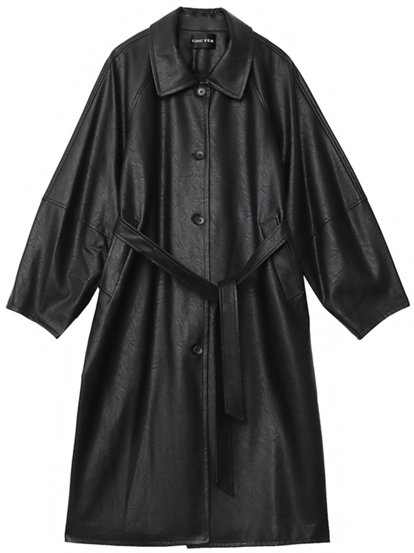 Black faux leather belted coat displayed on a white background