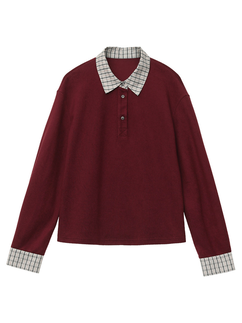 Burgundy long-sleeve polo shirt with plaid collar and cuffs on a white background