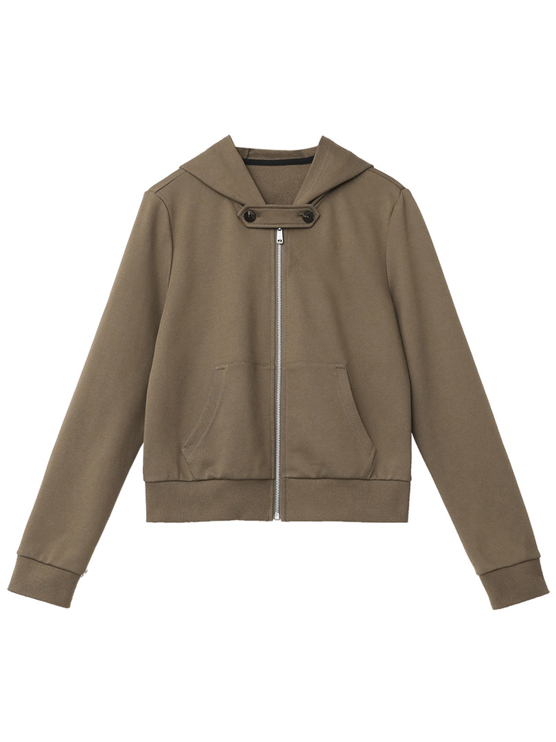 Brown hooded zip-up sweatshirt jacket laid flat on a white background