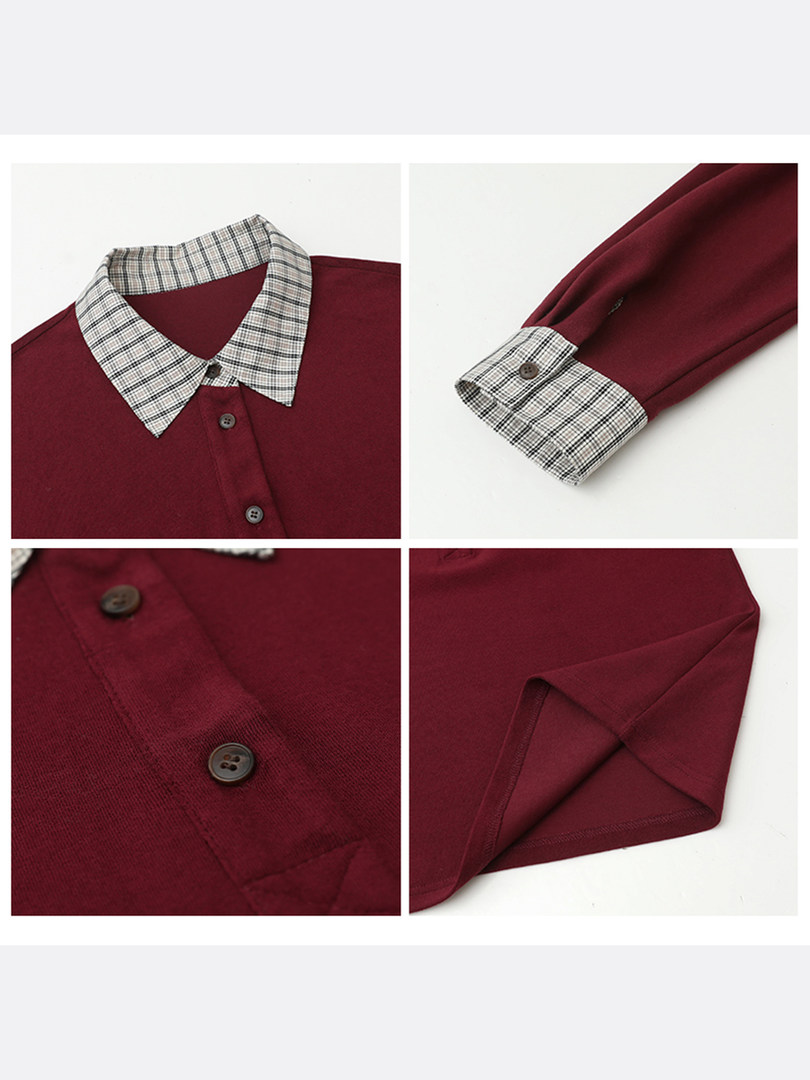 Burgundy long-sleeve button-up shirt with plaid collar and cuffs