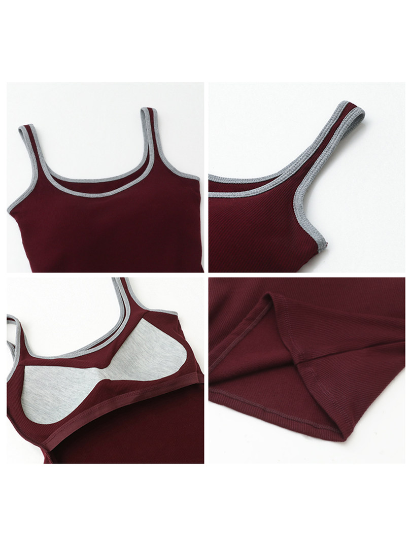 Maroon ribbed sports bra with gray trim shown in multiple close-up views