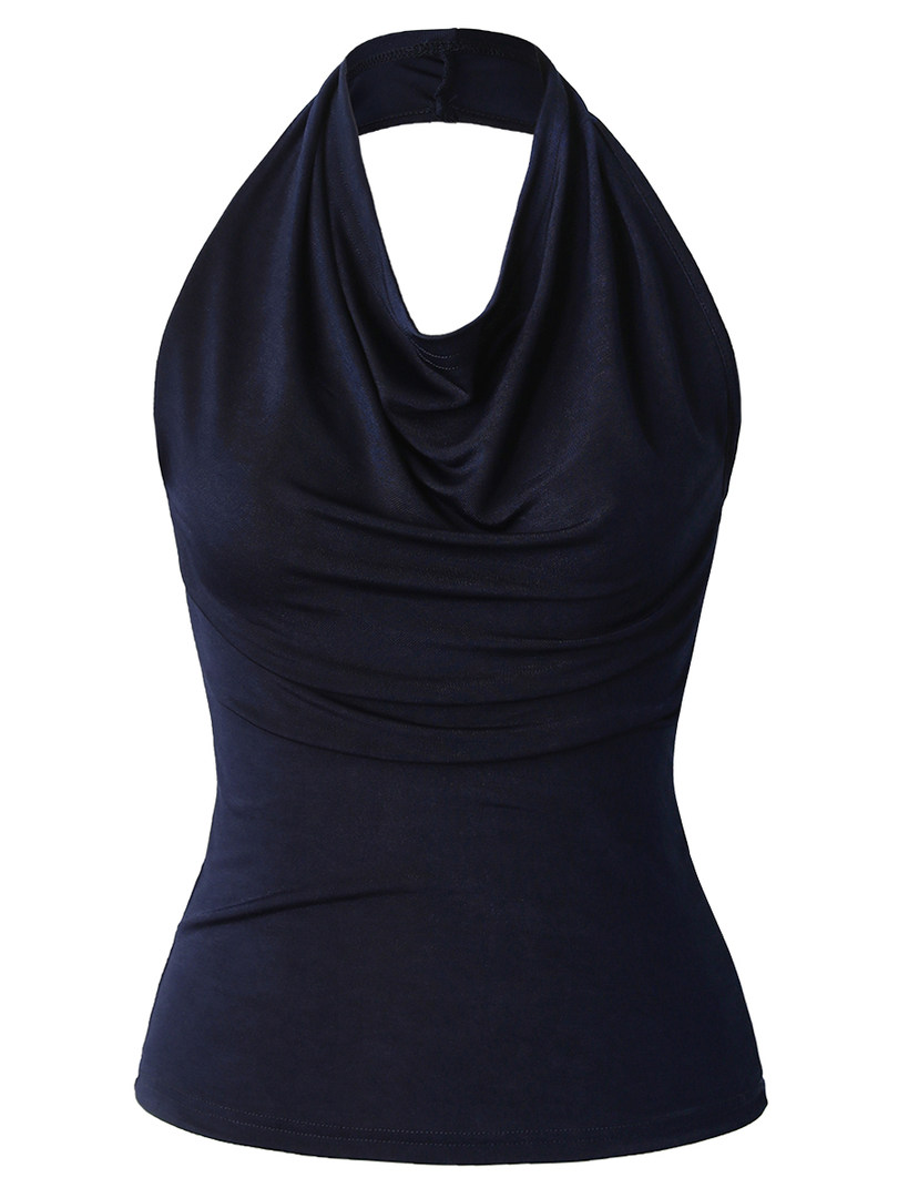 Black sleeveless halter top on a white background