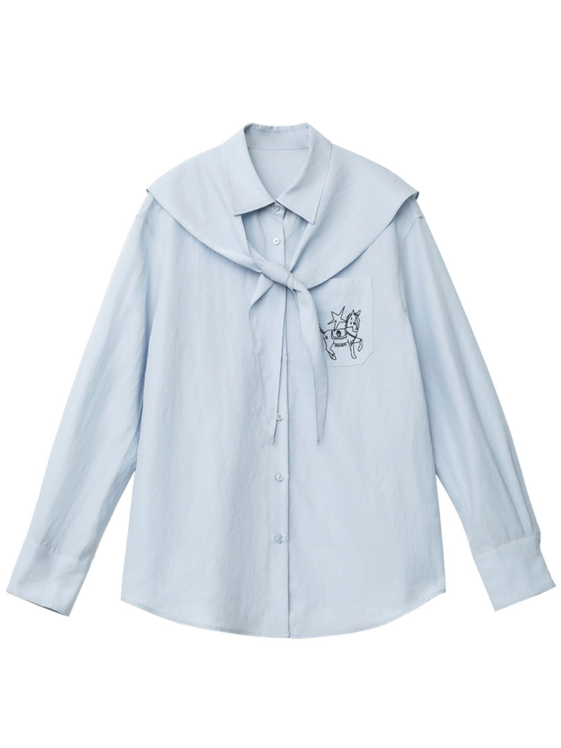 Light blue long-sleeve button-up shirt with a graphic pocket detail