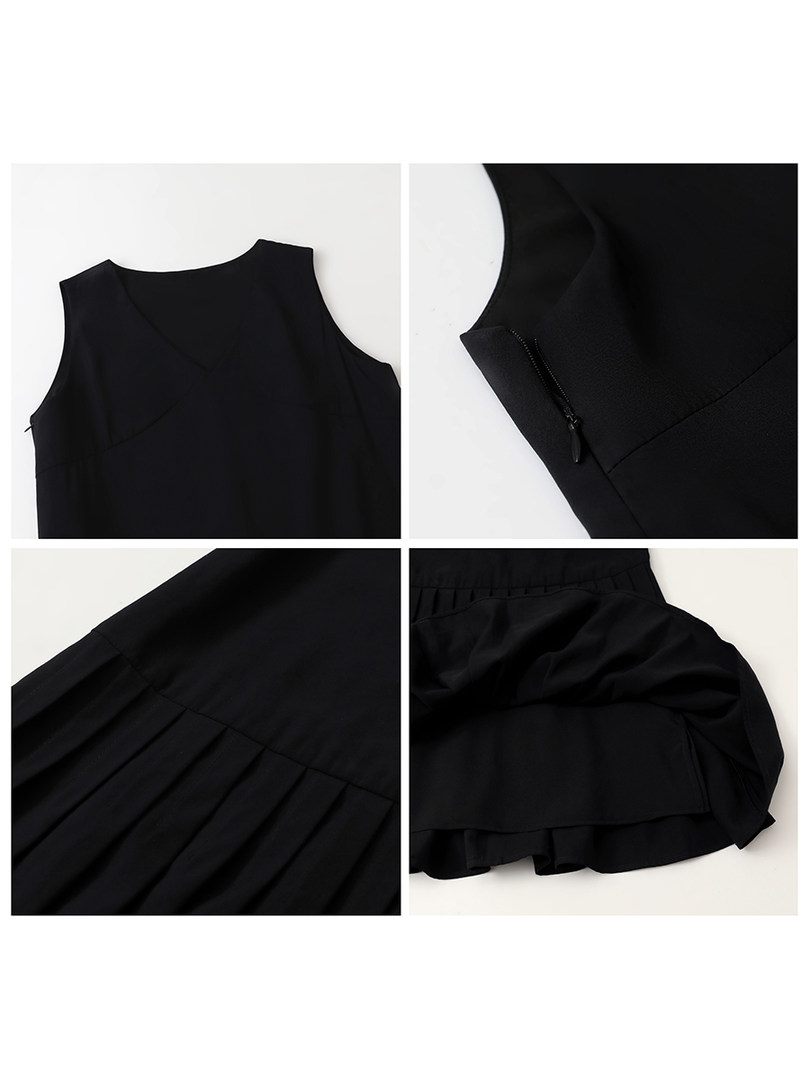 Black sleeveless dress with pleated skirt and close-up detail views