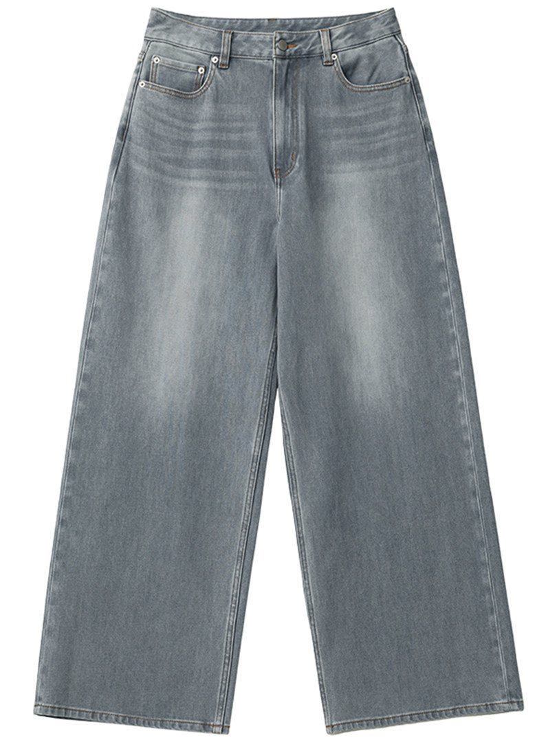 Gray wide-leg denim jeans on a white background