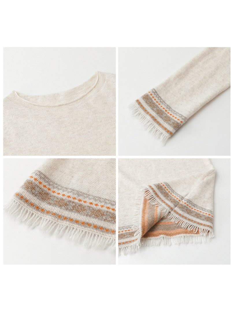 Cream knit sweater with striped fringe trim shown in detail views