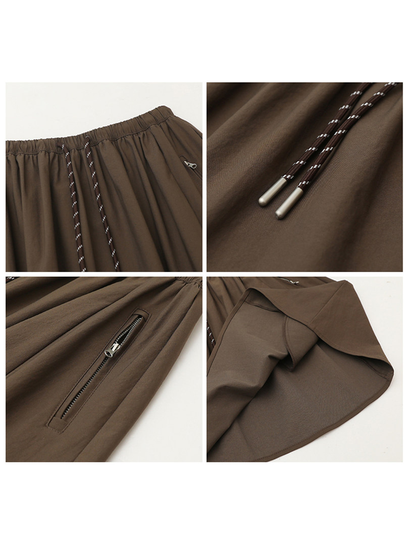 Brown drawstring pants with zipper pocket shown in close-up collage