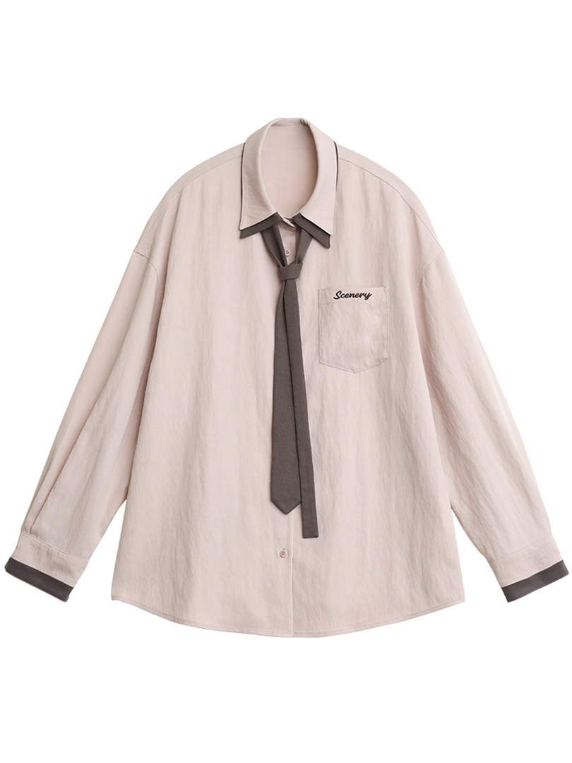 Beige long-sleeve button-up shirt with a dark tie detail on a white background