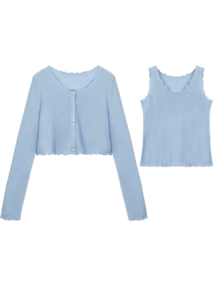 Light blue knit cardigan and sleeveless tank top set on white background
