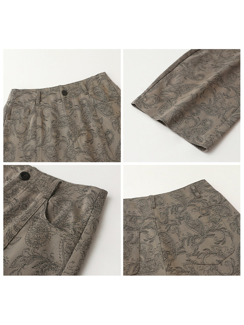 Patterned taupe trousers shown in a close-up collage