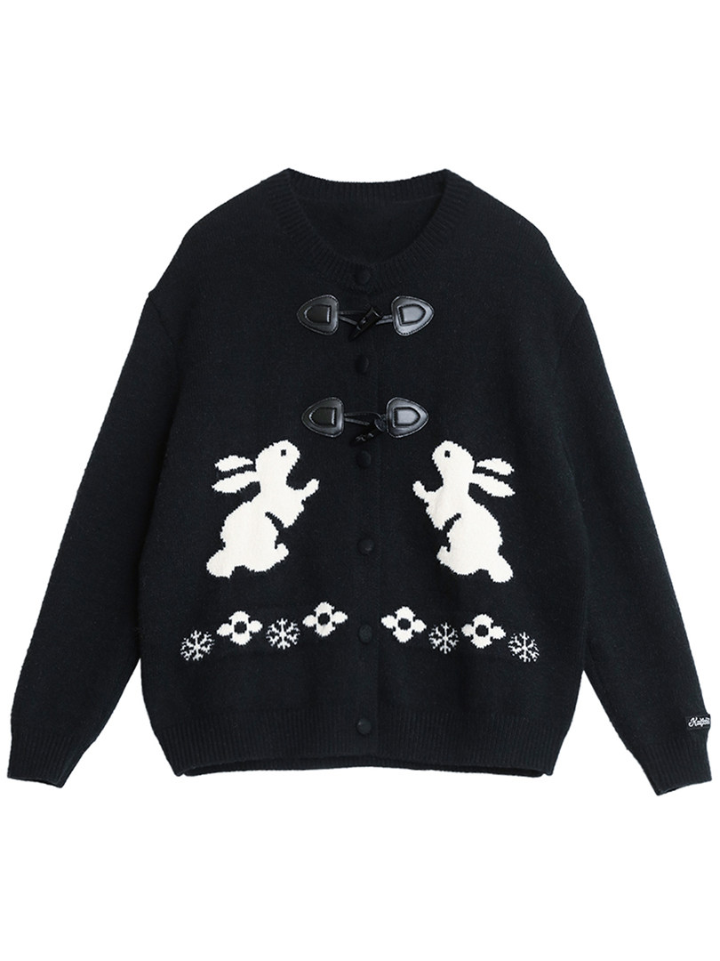 Black knit cardigan sweater with rabbit and snowflake graphic, laid flat on a white background