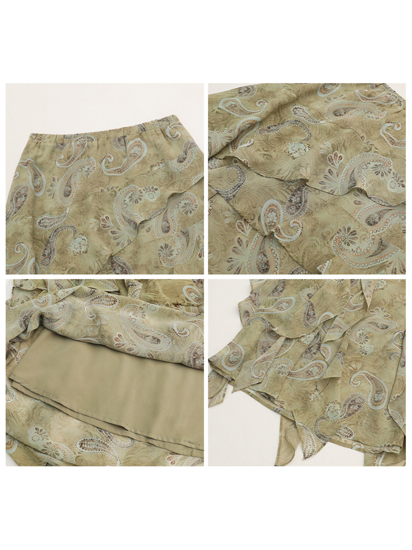 Paisley patterned beige skirt shown laid flat in multiple views