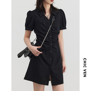 CHICVEN「夏日度假」韩版 新款 V领收腰肌理感黑色连衣裙女夏季