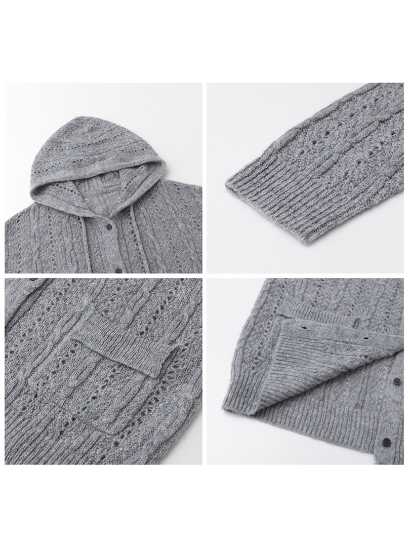 Gray knit hooded cardigan shown in multiple close-up product views