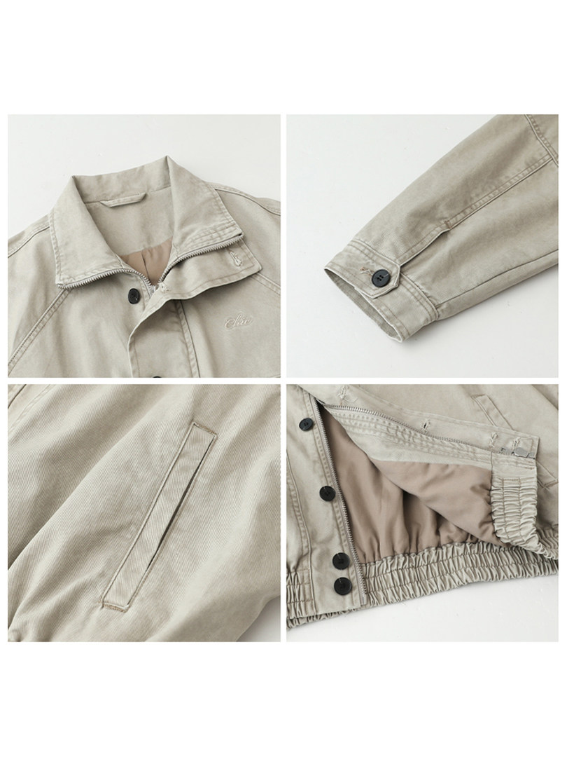 Beige lightweight jacket shown in flat-lay detail photos