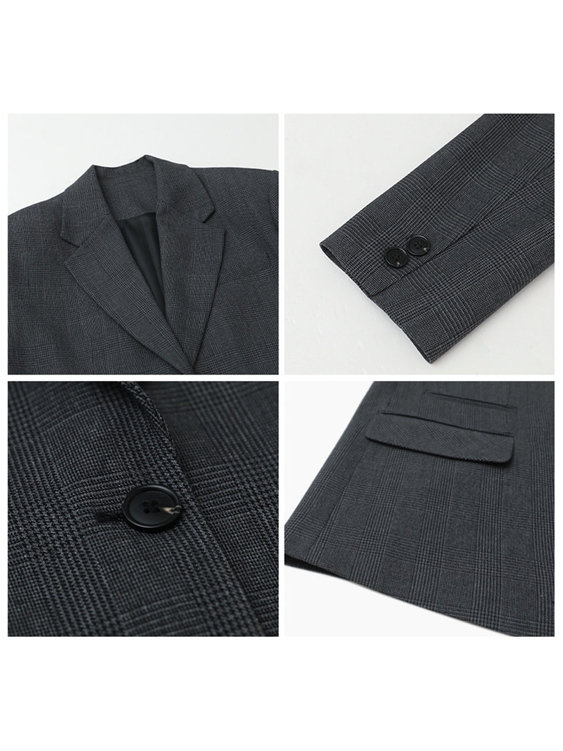 Dark plaid blazer jacket laid flat with close-up detail shots