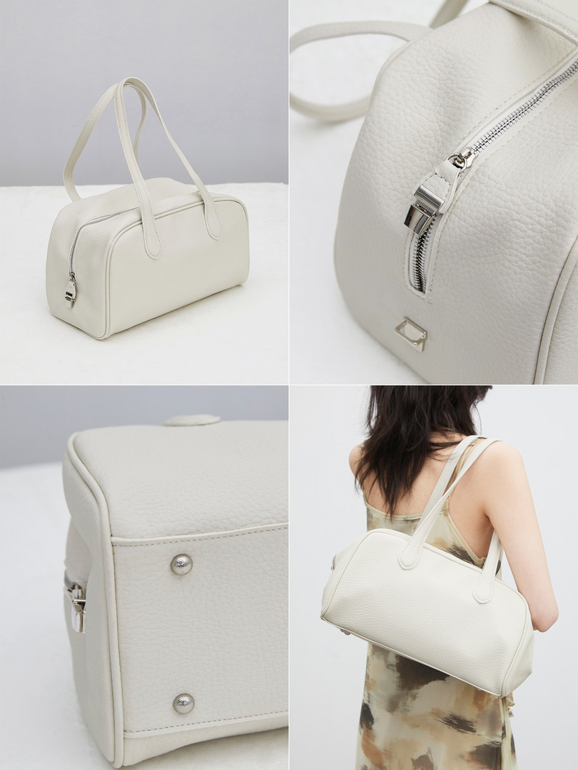 Cream white leather handbag shown from multiple angles and worn on a model