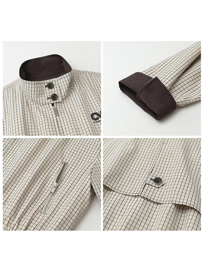 Checkered lightweight jacket with dark brown collar, cuffs, and zip-front details