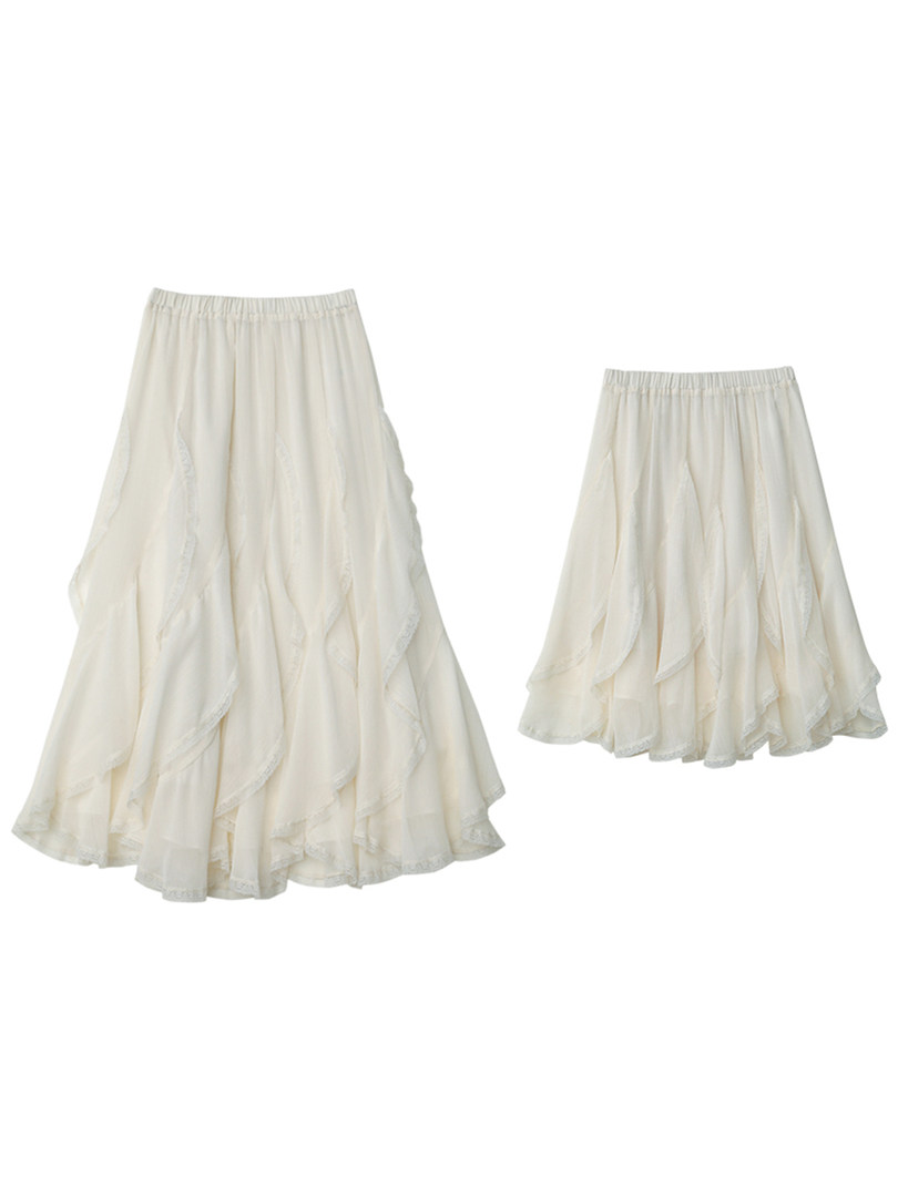 Cream layered midi skirt displayed on a white background