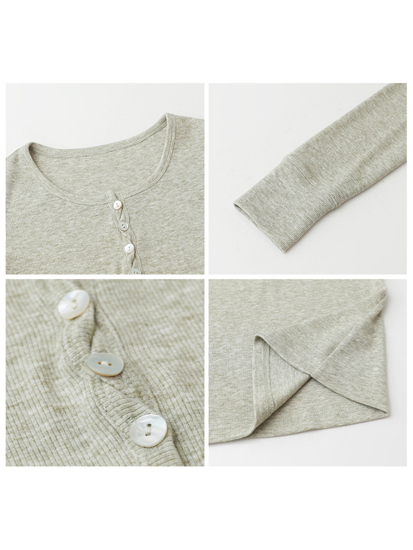 Light gray ribbed long-sleeve button-front top shown in detail views