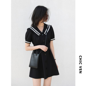 CHIC VEN黑色学院风短袖海军领连衣裙女夏2022气质收腰显瘦掐腰裙