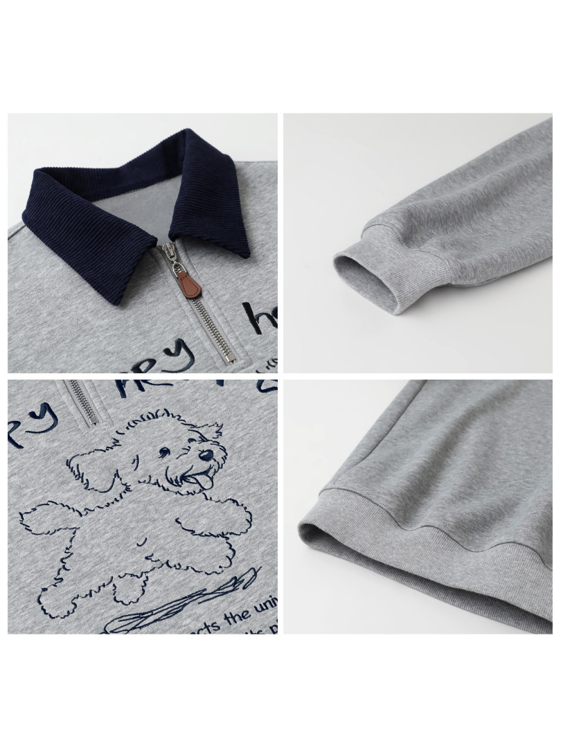 Gray zip-collar sweatshirt with navy ribbed collar and dog graphic detail
