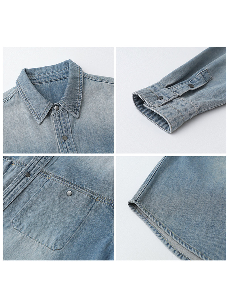 Light blue denim button-up shirt shown in close-up detail views