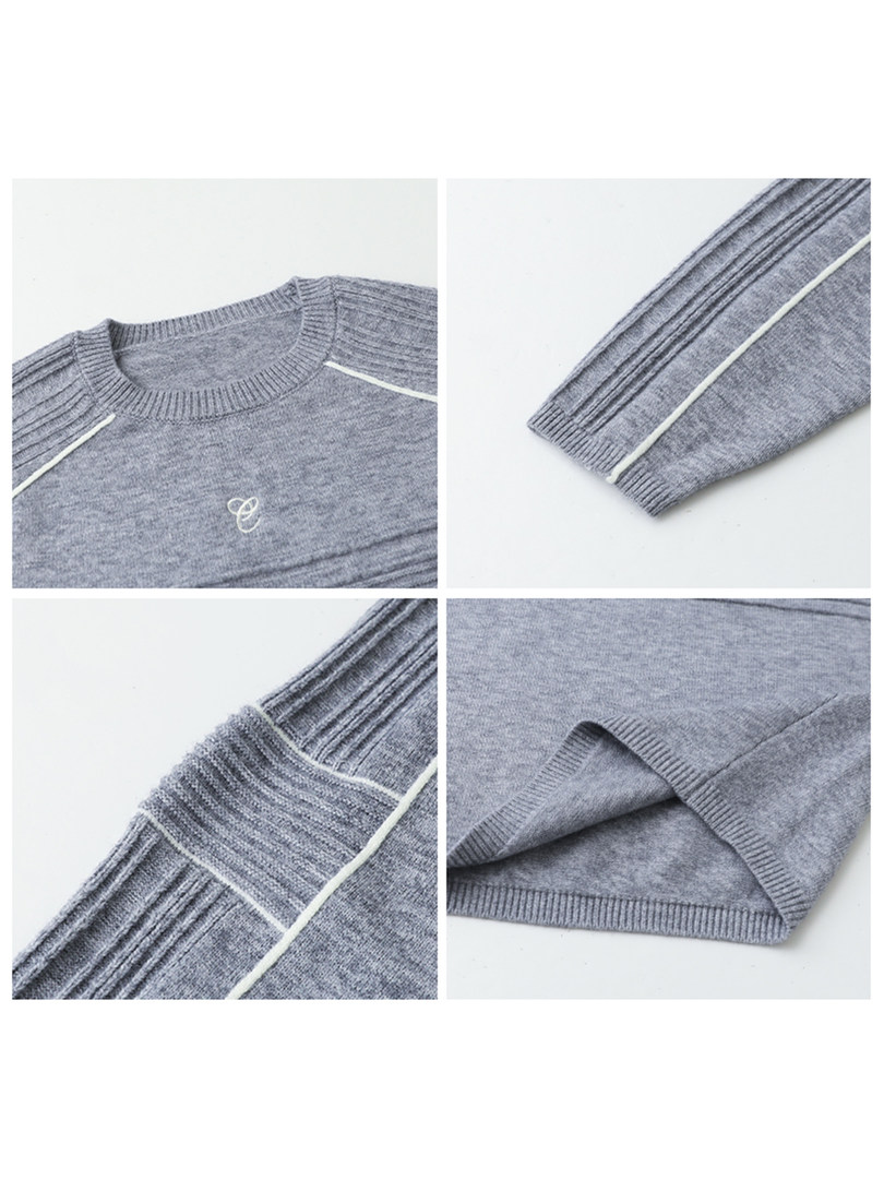 Gray knit sweater shown in close-up detail views