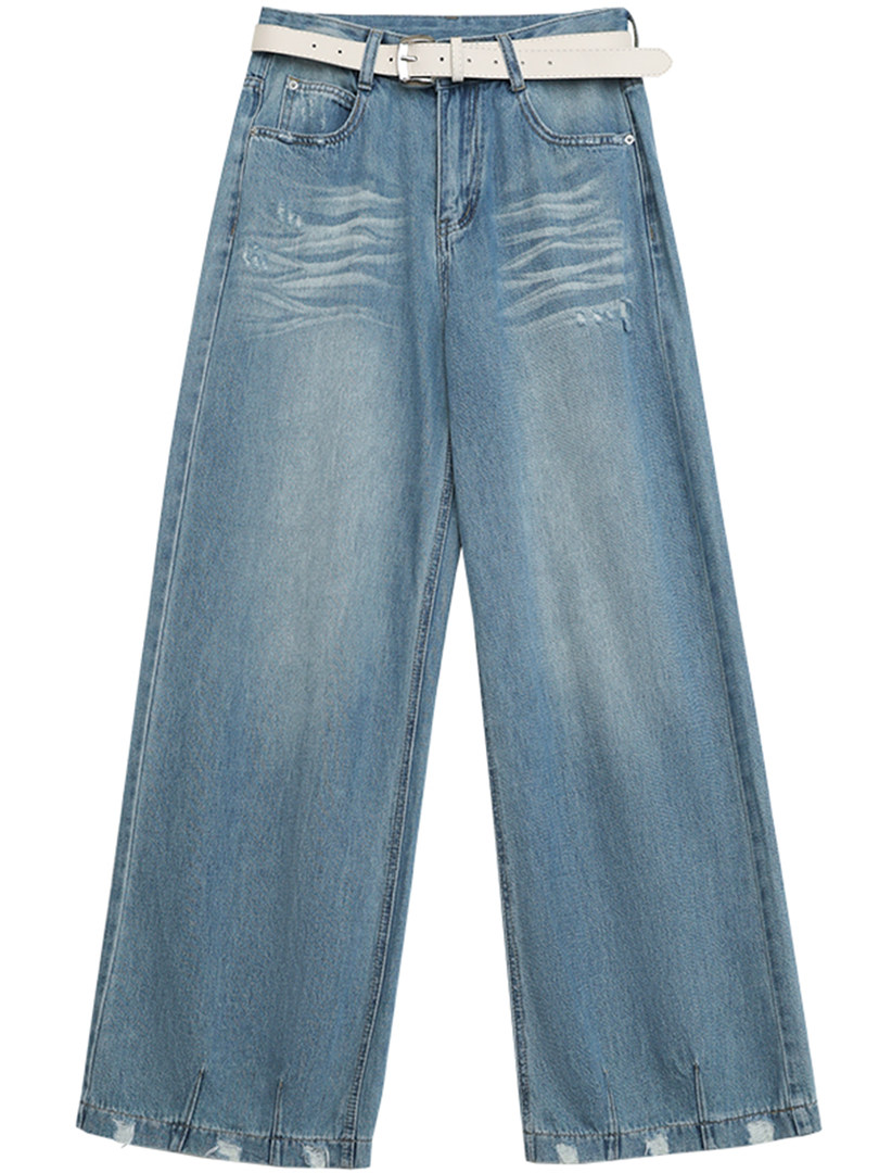 Light blue wide-leg distressed denim jeans with a white belt
