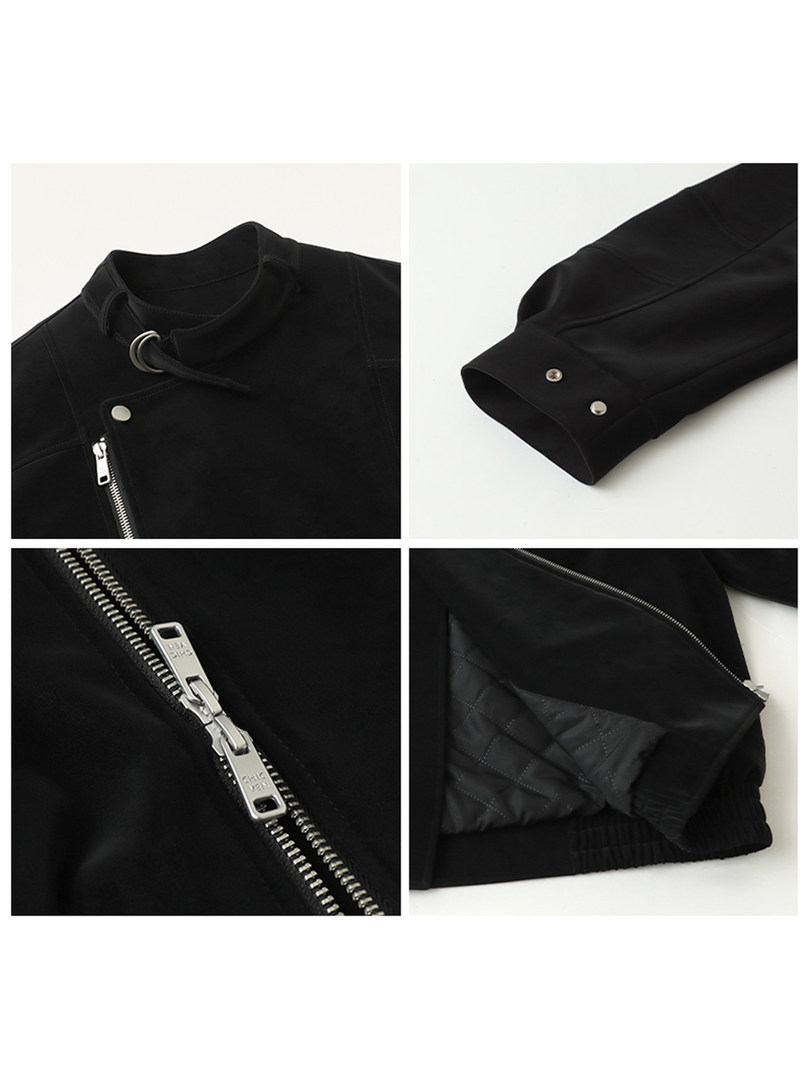 Black jacket shown in close-up detail views, including zipper, sleeve cuff, and lining