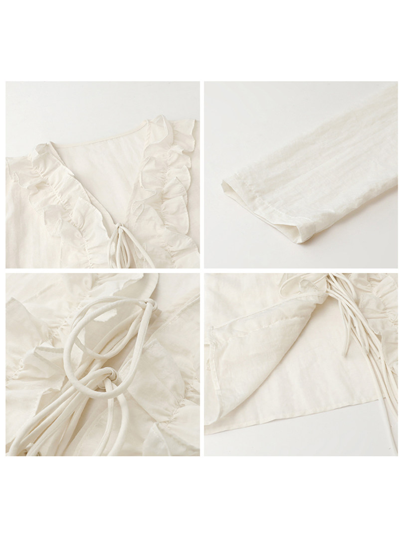 White ruffled tie-front blouse shown in close-up detail shots