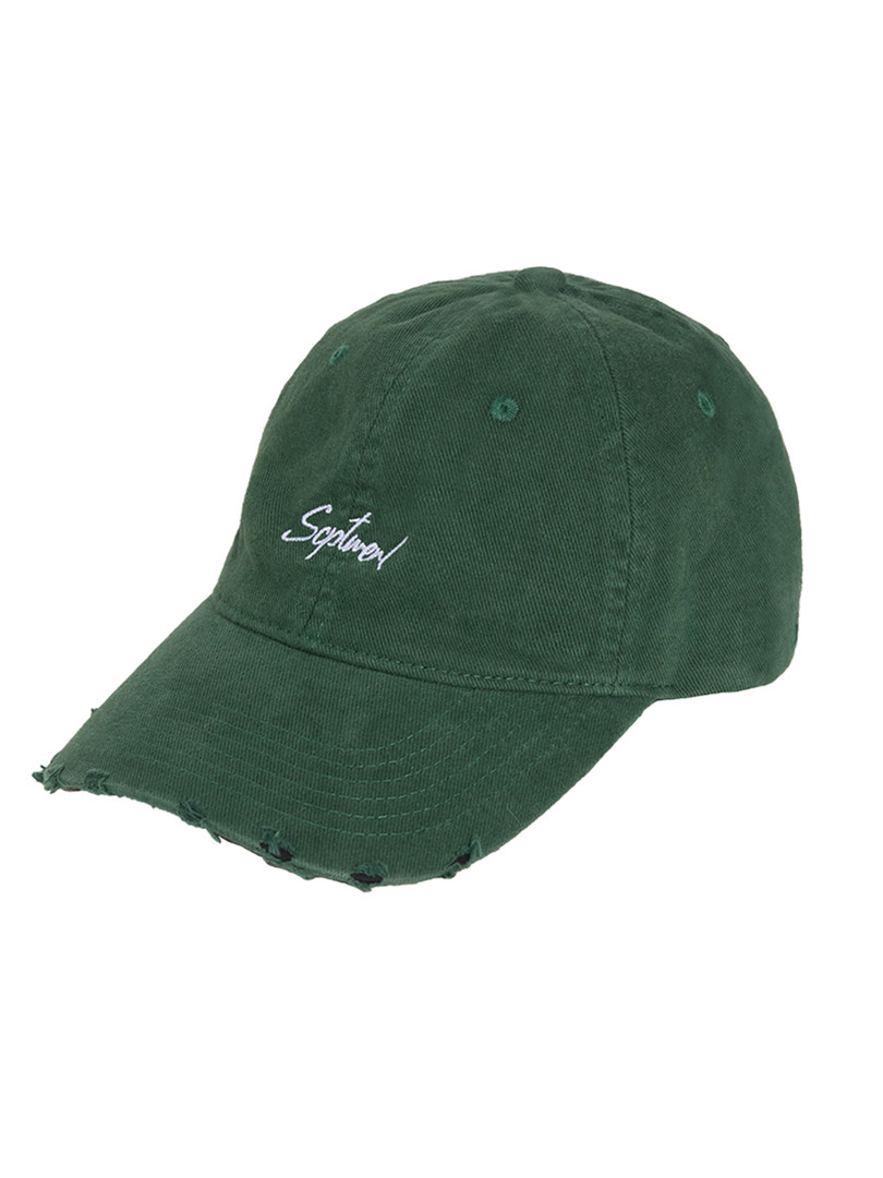 Green distressed baseball cap with embroidered text on a white background