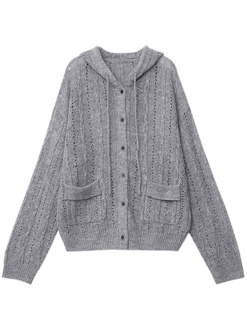 Gray knitted hooded cardigan with button front and pockets on a white background