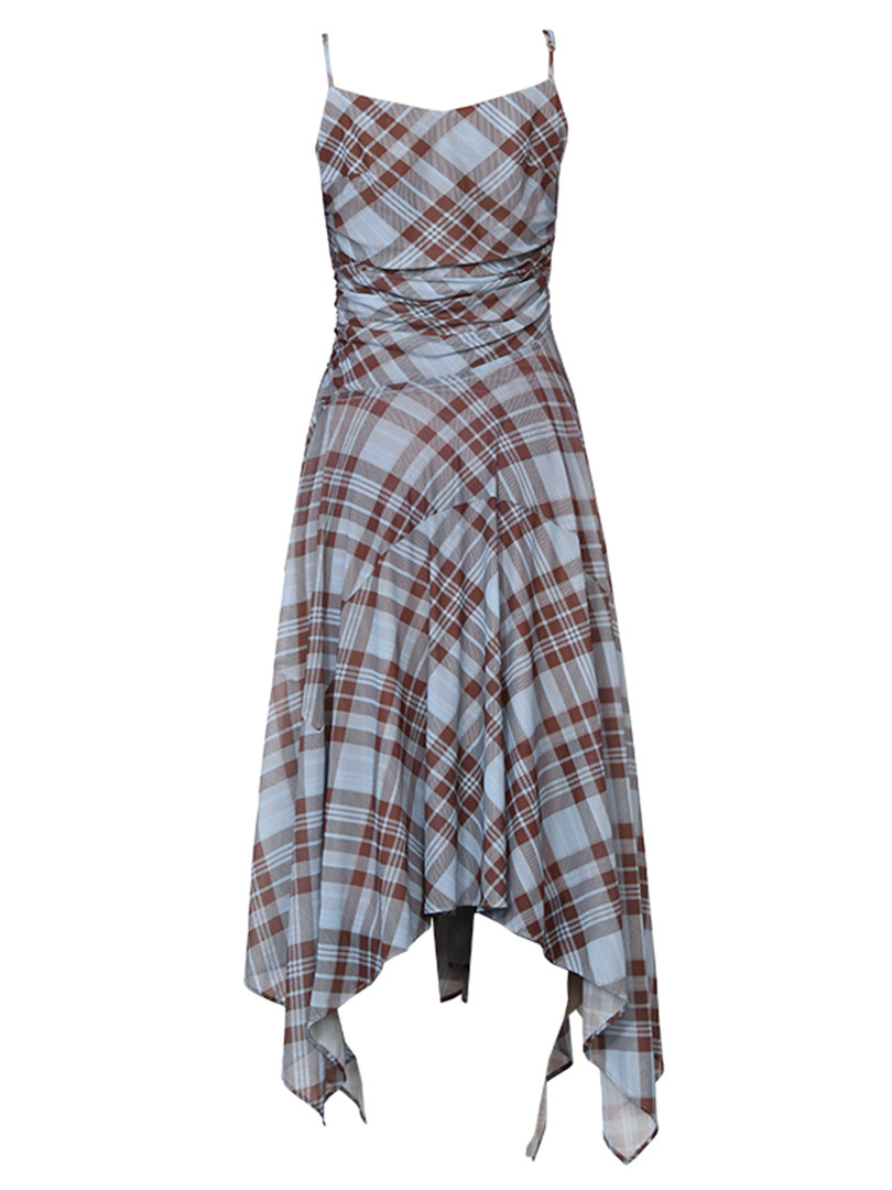Plaid sleeveless asymmetrical dress on a white background