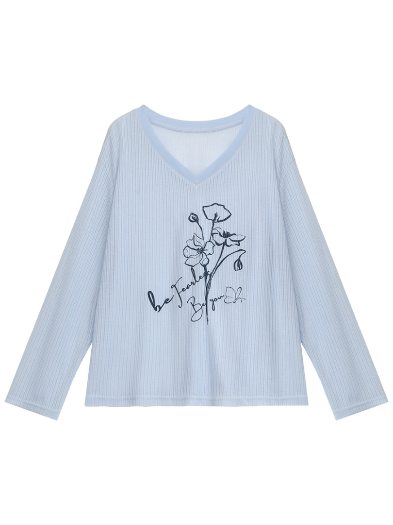 Light blue ribbed long-sleeve V-neck top with floral graphic and text