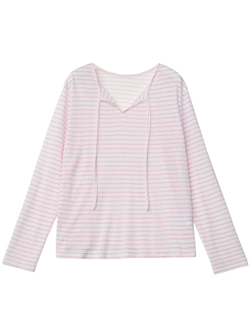 Pink striped long-sleeve top laid flat on a white background