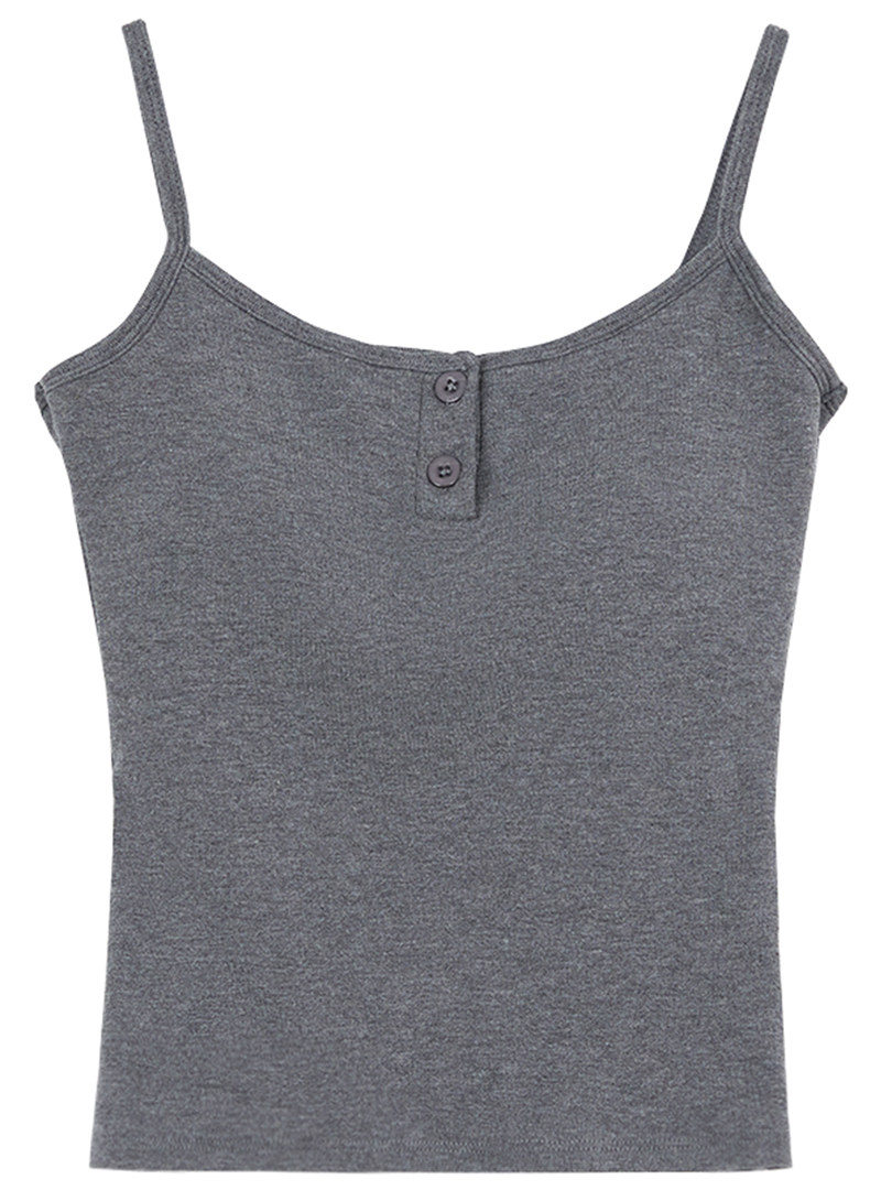 Grey ribbed spaghetti-strap camisole tank top with button detail on a white background