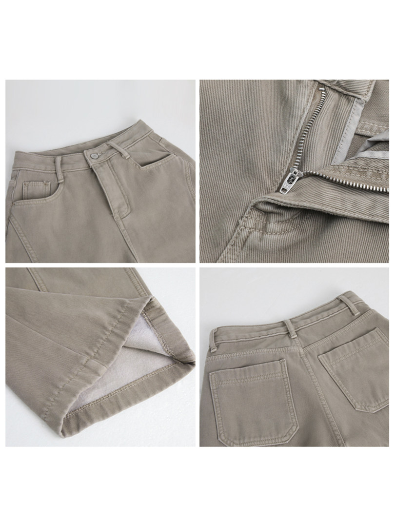 Beige pants shown in multiple close-up views with pockets, zipper, and hem details