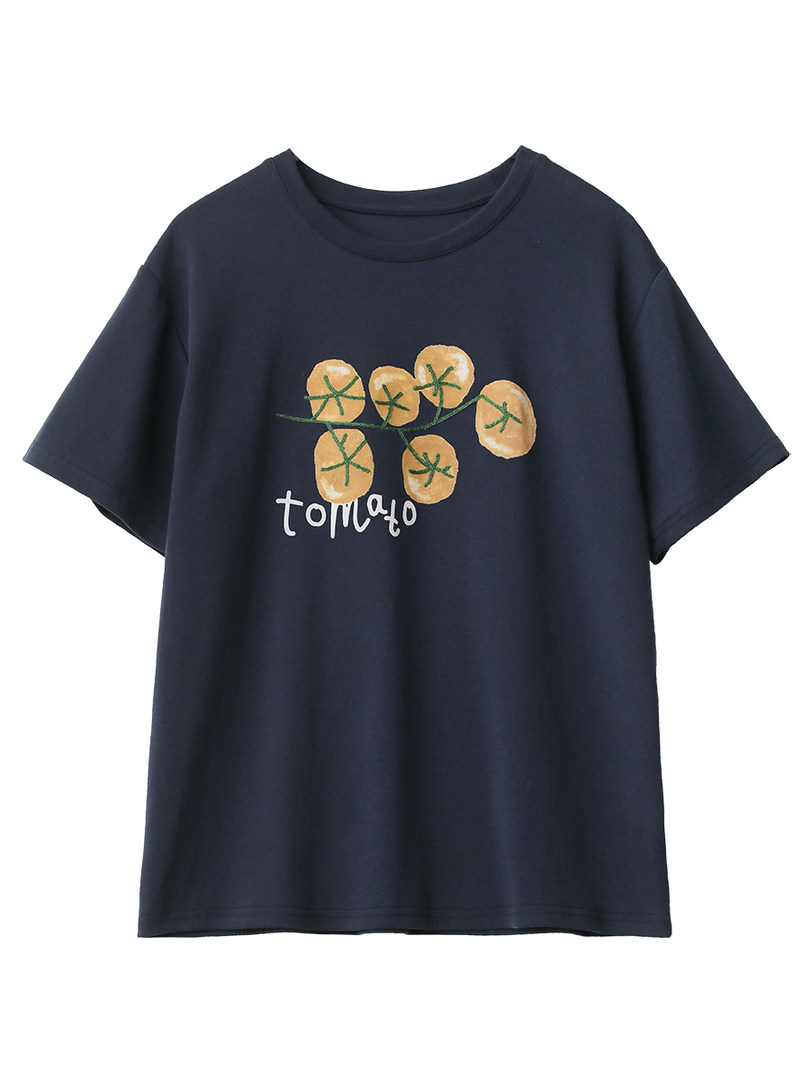 Navy graphic T-shirt with a tomato print on a white background