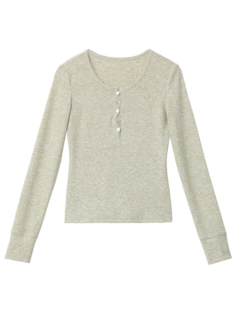 Light gray long-sleeve henley top laid flat on a white background
