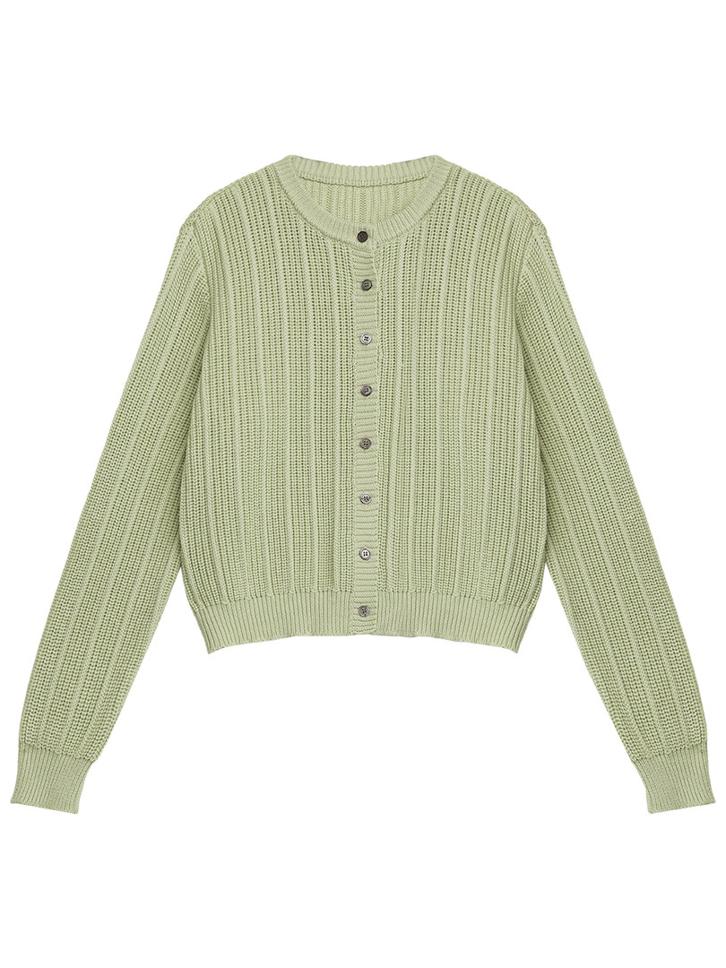Light green knit button-front cardigan sweater on a white background