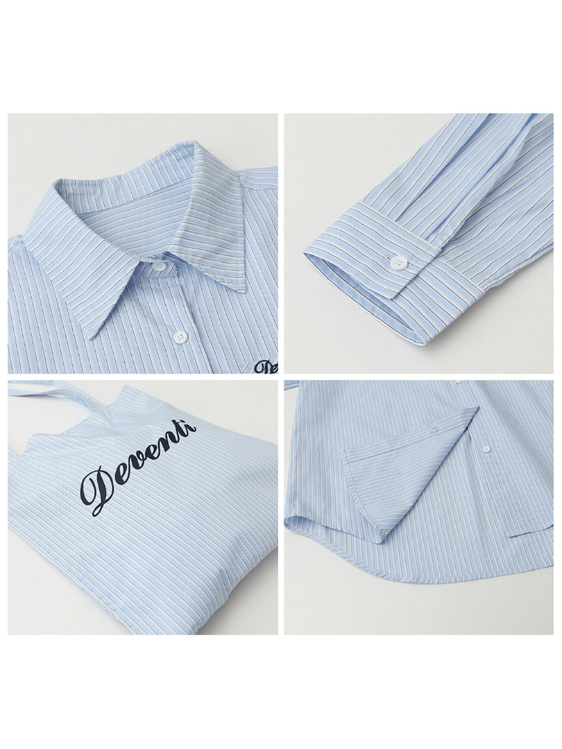 Light blue striped button-up shirt shown in close-up views