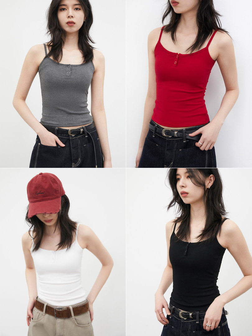 Models wearing ribbed spaghetti-strap tank tops in multiple colors