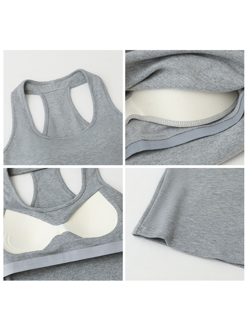 Gray sports bra shown in multiple close-up product views
