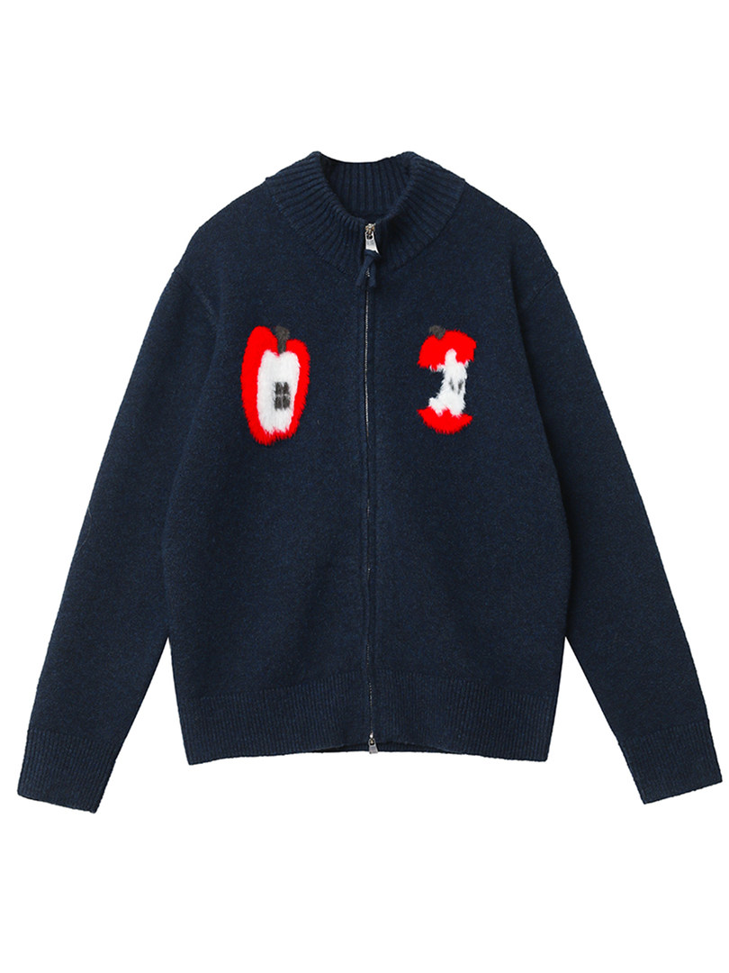 Navy knit zip-up cardigan with red and white graphic patches