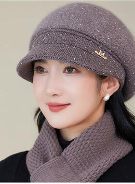 帽子女秋冬季加厚保暖毛绒鸭舌帽休闲围巾套装护耳加绒百搭妈妈帽