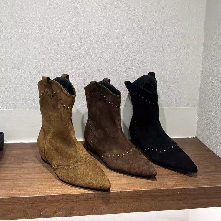 品牌内增高4厘米短靴女2025秋冬季复古绒面尖头瘦瘦中筒时装靴