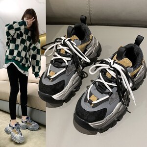 真皮增高老爹鞋显脚小老爹鞋女潮ins酷厚底休闲运动鞋跑步鞋