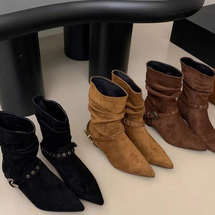 品牌内增高4厘米短靴女2025秋冬季复古绒面尖头瘦瘦靴时装靴