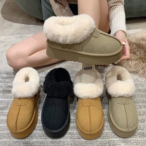加绒加厚雪地靴2023新款女冬厚底一脚蹬棉鞋百搭低帮时尚短靴真皮